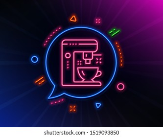 Coffee maker line icon. Neon laser lights. Tea machine sign. Hotel service symbol. Glow laser speech bubble. Neon lights chat bubble. Banner badge with coffee maker icon. Vector