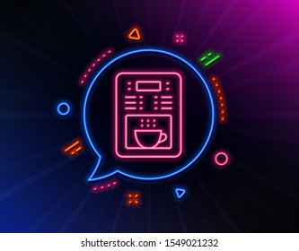 Coffee maker line icon. Neon laser lights. Vending machine sign. Make tea symbol. Glow laser speech bubble. Neon lights chat bubble. Banner badge with coffee maker icon. Vector