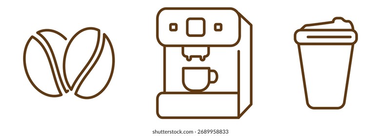 Conjunto de iconos de línea de cafetera. Incluye granos de café, cafetera espresso y taza para llevar. Iconos lineales del café aislados en fondo transparente. Trazo editable.