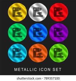 Coffee maker machine 9 color metallic chromium icon or logo set including gold and silver