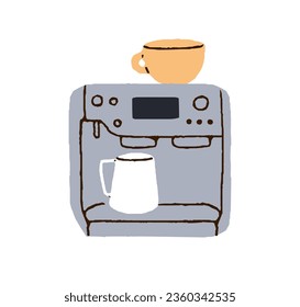 Cafetera, máquina, taza y taza. Aparato de café, cafetera para hacer café expreso, capuchino, americano, bebidas matinales. Equipo de cocina. Ilustración vectorial plana aislada en fondo blanco