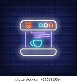 Coffee maker machine with cup neon sign. Cafe, beverage concept. Advertisement design. Night bright neon sign, colorful billboard, light banner. Vector illustration in neon style.