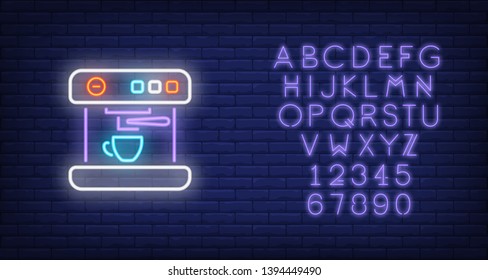 Coffee maker machine with cup neon sign. Cafe, beverage concept. Advertisement design. Night bright neon sign, colorful billboard, light banner. Vector illustration in neon style.