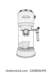 Máquina de cafetera con diseño plano de marco alambrado para taza de café. Icono de té de café de la máquina de espresso de marco alambrado de diseño plano. Ilustración vectorial. 3 D.