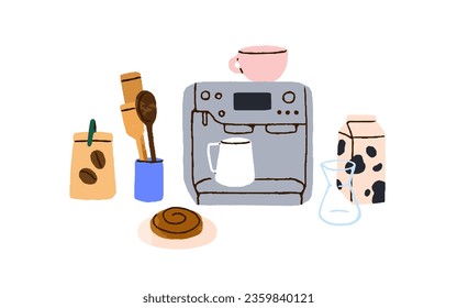 Coffee maker, machine with cups, mugs, milk package, coffe beans bag composition. Coffeemaker, home kitchen appliance for making morning drink. Flat vector illustration isolated on white background