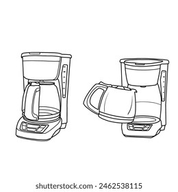 Coffee maker machine flat sketch vector. Outline vector doodle illustration, isolated on a white background