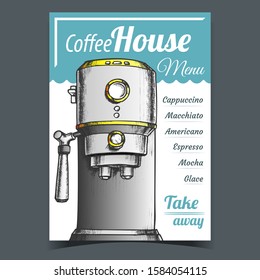 Coffee Maker Machine Front View Poster Vector. Coffee House Electronic Machine For Brew Espresso. Bar Equipment Depicted On Menu Concept Template Designed In Vintage Style Color Illustration