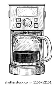 Coffee maker machine illustration, drawing, engraving, ink, line art, vector