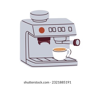 Coffee maker machine making, brewing, preparing drink, fresh morning espresso and cappuccino beverage in cup. Professional coffeemaker equipment. Flat vector illustration isolated on white background