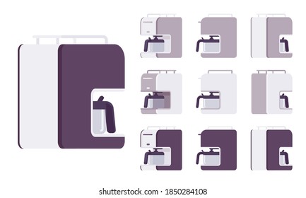 Coffee maker machine set, professional, home equipment. Coffeemaker cooking appliance to brew hot fresh morning drink, kitchen brewing device. Vector flat style cartoon illustration, different views