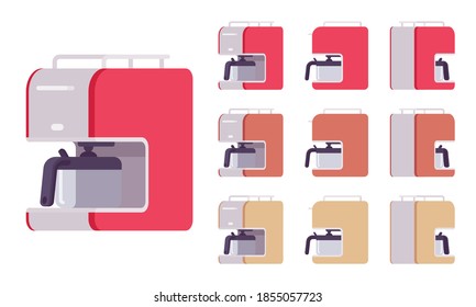 Coffee maker machine set, professional, home equipment. Coffeemaker cooking appliance to brew hot fresh morning drink, kitchen brewing device. Vector flat style cartoon illustration, different views