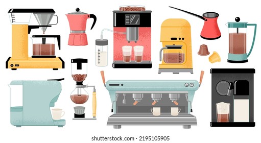 Coffee maker machines barista coffee brewing tools, vector isolated objects and icons set. Сarob, aeropress, capsule, espresso coffee machine, french press, drip, and geyser, cezve, сappuccinator.