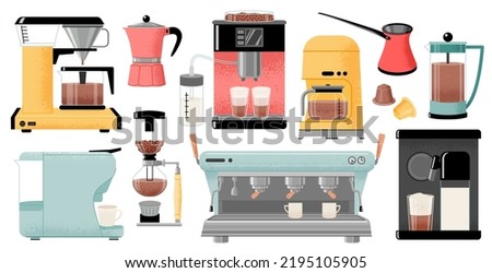 Coffee maker machines barista coffee brewing tools, vector isolated objects and icons set. Сarob, aeropress, capsule, espresso coffee machine, french press, drip, and geyser, cezve, сappuccinator.