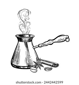 Coffee maker, coffee making facilities. Hot coffee with spices. A hand-drawn drawing, vector black-and-white illustration. For printing, menus, postcards and packages. For banners, flyers and posters