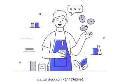 Coffee maker man simple. Young guy in blue apron making hot drink. Aroma and beverage. Barista with cappuccino and mochaccino. Doodle flat vector illustration isolated on white background