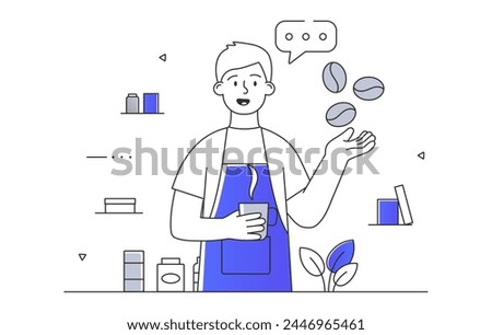 Coffee maker man simple. Young guy in blue apron making hot drink. Aroma and beverage. Barista with cappuccino and mochaccino. Doodle flat vector illustration isolated on white background