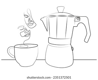 Coffee Maker Moka and A Cup of Coffee Along with Two Abstract Faces Rising from the Coffee Cup in Minimal One Line Art Drawing