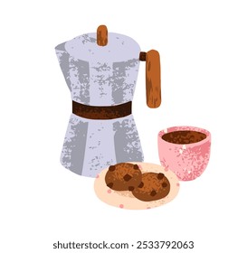 Cafetera, moka pot, taza de café, galletas. Bebida elaborada servida con postre dulce, galletas. Mañana acogedora con espresso italiano de la cafetera. Ilustración vectorial plana aislada sobre fondo blanco