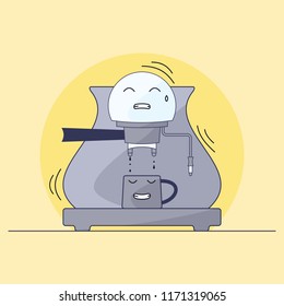 Coffee maker and mug character. Humanization of things. Prepare a cup of hot coffee. Illustration in style of flat.