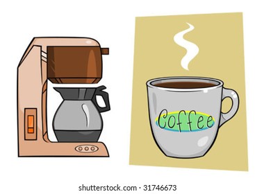 A coffee maker and a mug full of coffee.