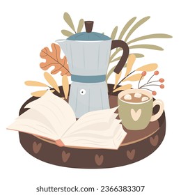 Coffee maker and mug of coffee on a wooden tray. Coffee break time with a book. Cozy autumn days concept.