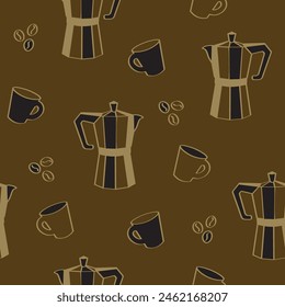 Coffee maker with mugs seamless pattern. Vector background illustration