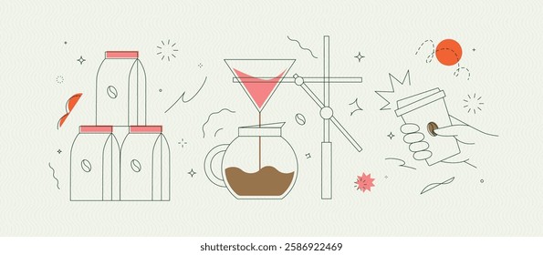 Coffee maker, pack, take away cup symbols drawing in modern linear art style on light background