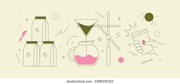 Coffee maker, pack, take away cup symbols drawing in modern linear art style on light yellow background