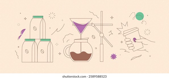 Coffee maker, pack, take away cup symbols drawing in modern linear art style on peach background