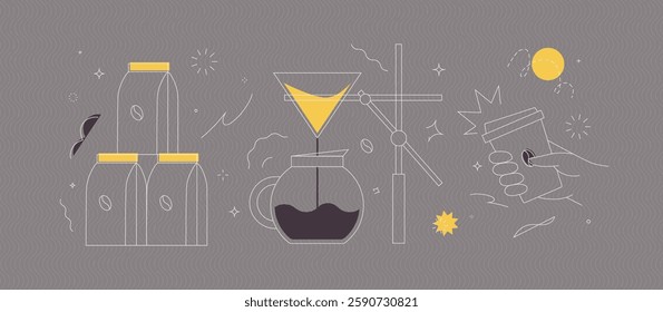 Coffee maker, pack, take away cup symbols drawing in modern linear art style on grey background