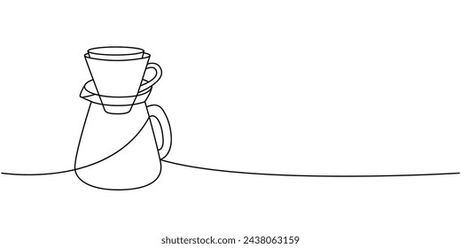 Coffee maker with paper filter one line continuous drawing. Hand drawn elements for cafe menu, coffee shop. Vector linear illustration.