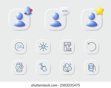 Coffee maker, Phone survey and Recovery data line icons. Placeholder with 3d star, reminder bell, chat. Pack of Multichannel, 24 hours, Cursor icon. Baggage app, Vitamin u pictogram. Vector