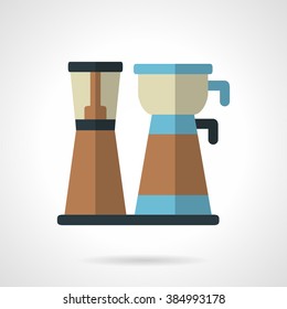 Coffee maker with pot and coffee beans grinder. Coffee machine. Coffee equipment. Vector icon flat color style. Web design element for site, mobile and business.