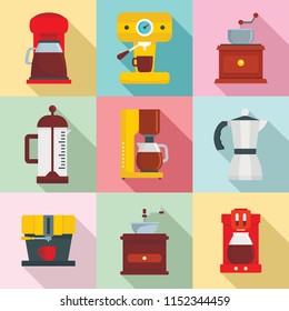 Coffee maker pot espresso cafe icons set. Flat illustration of 9 coffee maker pot espresso cafe vector icons for web
