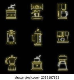 Coffee maker pot espresso cafe icons set. Outline illustration of 9 coffee maker pot espresso cafe vector icons neon color on black