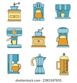 Coffee maker pot espresso cafe icons set. Outline illustration of 9 coffee maker pot espresso cafe vector icons thin line color flat on white