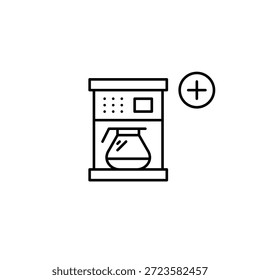 Coffee maker with pot and plus symbol. Starting the brew. Pixel perfect, editable stroke vector icon