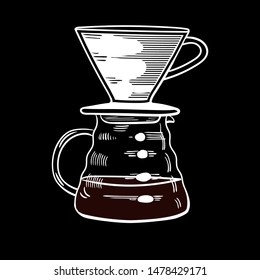 Coffee maker - pour over. Imitation of chalky drawing on a black background, for menu decoration. Isolated vector illustration.
