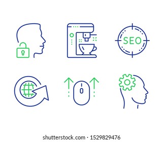 Coffee maker, Seo and World globe line icons set. Swipe up, Unlock system and Engineering signs. Tea machine, Search target, Around the world. Scrolling page. Business set. Vector