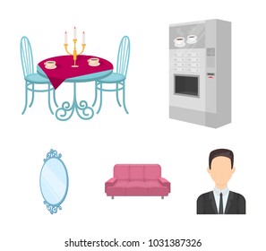 Coffee maker, served table in the restaurant and other web icon in cartoon style isometric.Soft comfortable sofa, wall mirror icons in set collection.