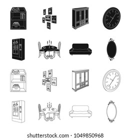 Coffee maker, served table in the restaurant and other web icon in black,outline style isometric.Soft comfortable sofa, wall mirror icons in set collection.