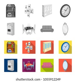 Coffee maker, served table in the restaurant and other web icon in monochrome,flat style isometric.Soft comfortable sofa, wall mirror icons in set collection.