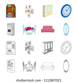 Coffee maker, served table in the restaurant and other web icon in cartoon,outline style isometric.Soft comfortable sofa, wall mirror icons in set collection.