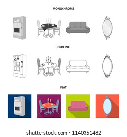 Coffee maker, served table in the restaurant and other web icon in flat,outline,monochrome style isometric.Soft comfortable sofa, wall mirror icons in set collection.