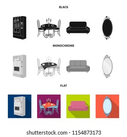 Coffee maker, served table in the restaurant and other web icon in black, flat, monochrome style isometric.Soft comfortable sofa, wall mirror icons in set collection.