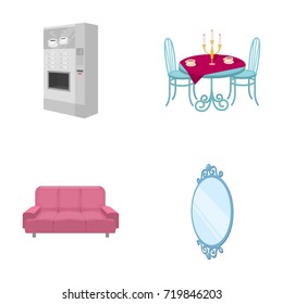 Coffee maker, served table in the restaurant and other web icon in cartoon style isometric.Soft comfortable sofa, wall mirror icons in set collection.