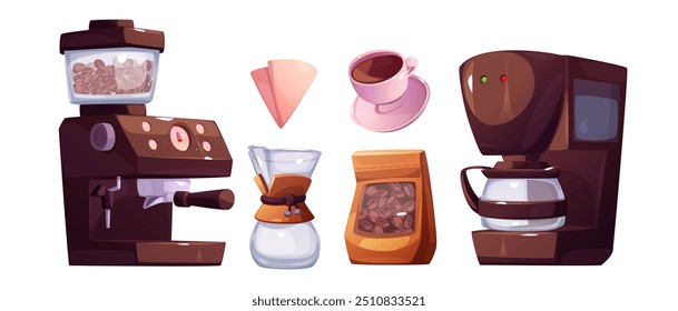 Cafetera para el diseño de café barista. Ilustración vectorial de dibujos animados colección de frijoles en bolsa de papel, Filtrar y gota de fabricación de bebidas, máquina y taza de bebida negra caliente. Equipo de cafetera.