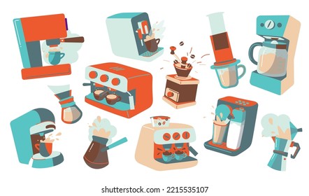 Coffee maker set. Cartoon filter, espresso machine, french press, clever dripper, coffee turk, moka pot, aeropress. Alternative and classic equipment brewing coffee. Vector illustration