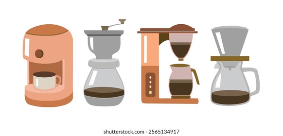 Coffee maker set. Collection of coffee shop equipment. Coffee machine. Coffee filter. Grinder beans. 