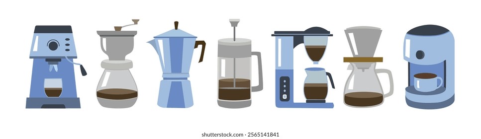 Coffee maker set. Collection of coffee shop element. Blue and grey coffee maker element. Coffee maker element.